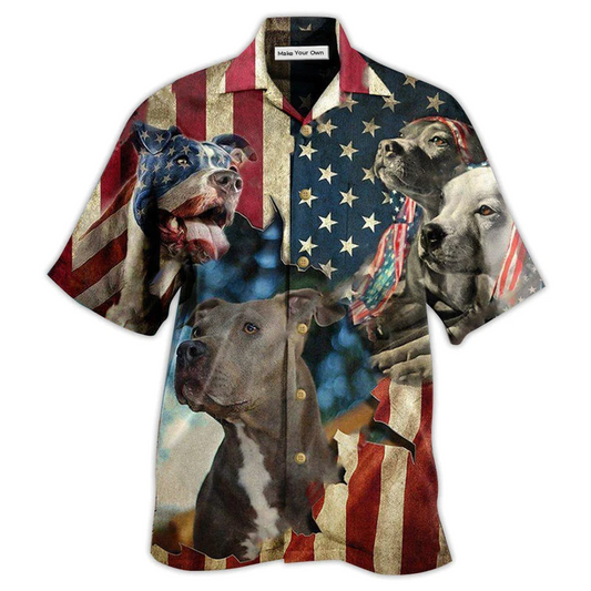 Pitbull Dogs Protected American Hawaiian Shirt Pattern Detail For Vacation Travel And Daily Wear