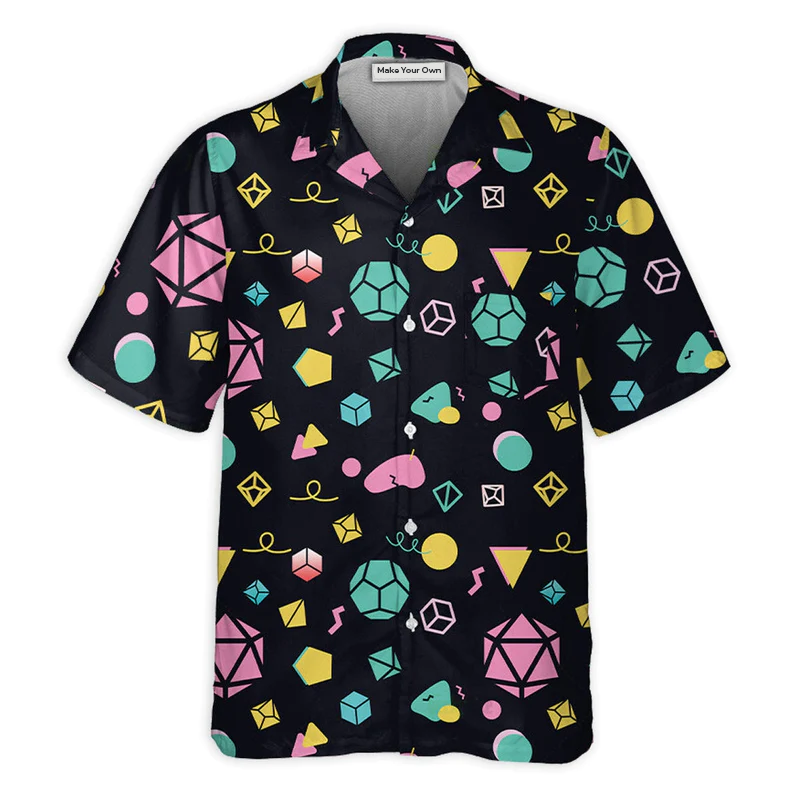 Fantasy Colorful Neon Role Dice Hawaiian Shirt Graphic Artwork Detail For Tropical Vacations