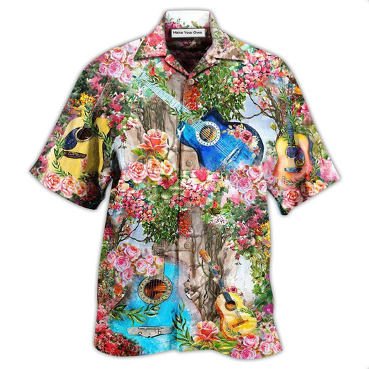 Rose Guitar Hawaiian Shirt For Tropical Holiday Resort Parties And Everyday Style