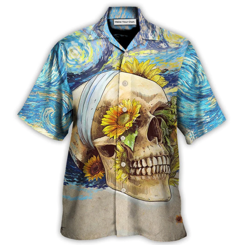 Vintage Skull Sunflower Amazing Starry Night Hawaiian Shirt Pattern View For Relaxed Warm Weather Outfits