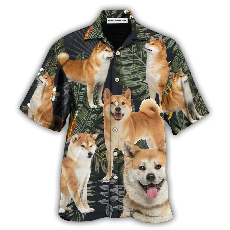 Tropical Dark Dog Akita Leaf Hawaiian Shirt For Resort Getaways And Comfortable Summer Activities