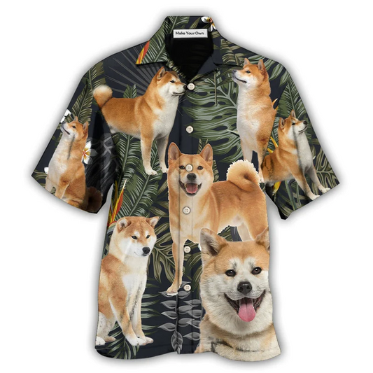 Tropical Dark Dog Akita Leaf Hawaiian Shirt For Resort Getaways And Comfortable Summer Activities