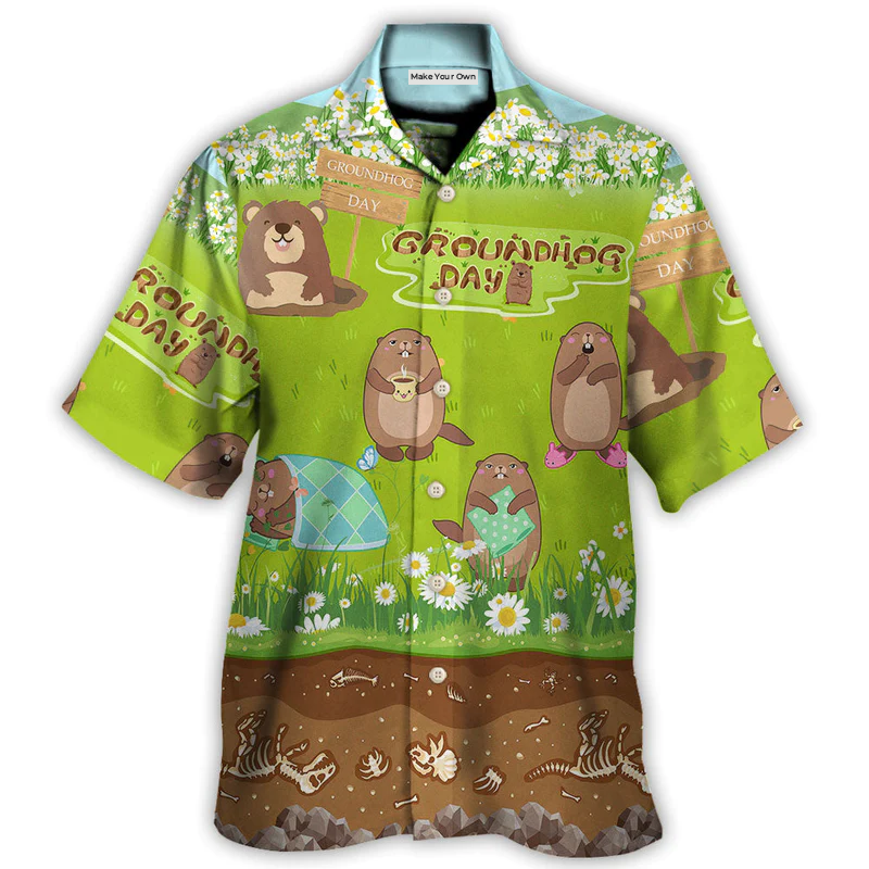 Floral Spring Groundhog Grass Hawaiian Shirt Print Closeup For Island Holidays