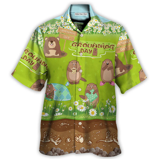 Floral Spring Groundhog Grass Hawaiian Shirt Print Closeup For Island Holidays
