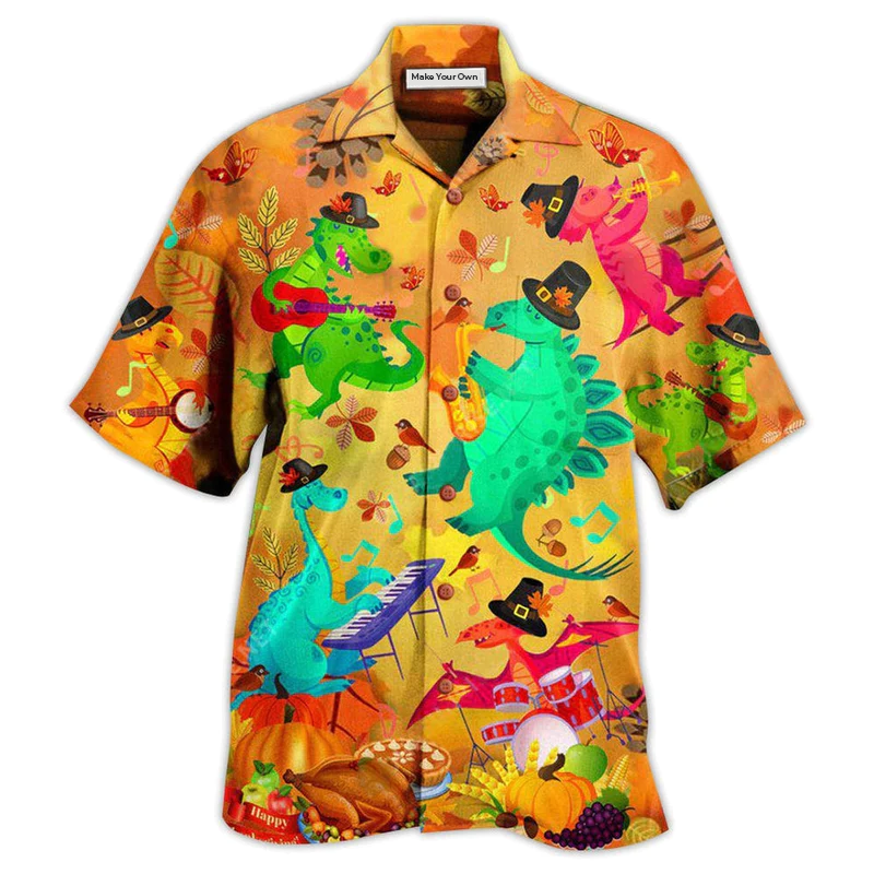 Funny Dinosaur Thanksgiving Hawaiian Shirt Artwork Detail For Tropical Trips And Casual Outings