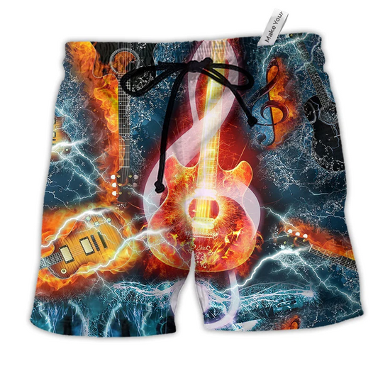 Music The Guitar And Water Blue Hawaiian Print Beach Shorts For Resort Trips And Weekend Wear