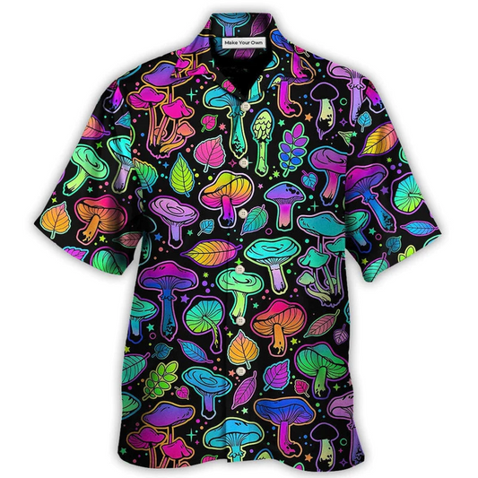 Neon Colorful Mushroom Bright Leaf Hawaiian Shirt For Summer Events And Casual Outdoor Wear