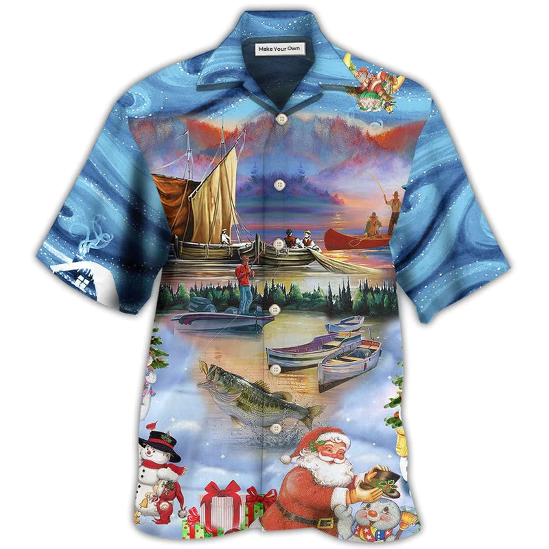 Festive Happy Fishing Christmas Hawaiian Shirt Pattern View For Relaxed Warm Weather Outfits