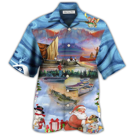 Festive Happy Fishing Christmas Hawaiian Shirt Pattern View For Relaxed Warm Weather Outfits