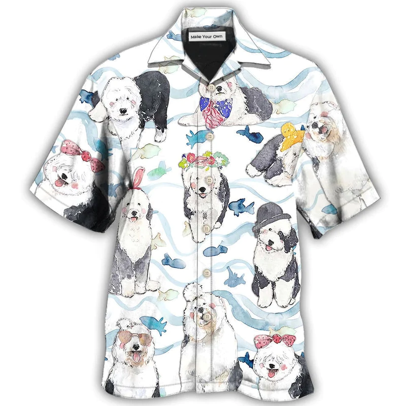 Cute Dog Old English Sheepdog Hawaiian Shirt Pattern View For Relaxed Warm Weather Outfits