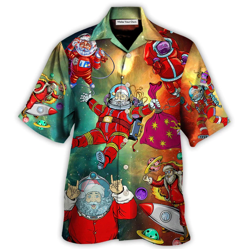 Galaxy Christmas Santa Astronaut Hawaiian Shirt Button Front Artwork For Island Holidays