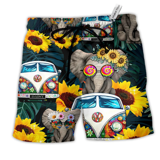 Hippie Elephant Wonderful Camping Hawaiian Print Beach Shorts For Pet Lover Outdoor Comfort