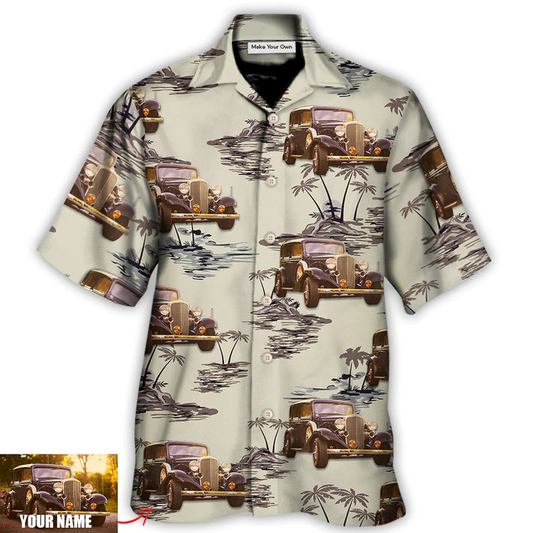 Vintage Car Deserted Island Palm Trees Custom Hawaiian Shirt For Beach Parties And Weekend Getaways