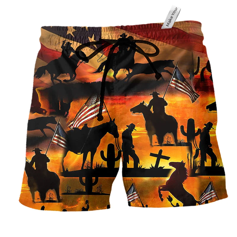 Sunset Cowboy Americana Beach Shorts For Weekend Travel And Comfortable Daily Use