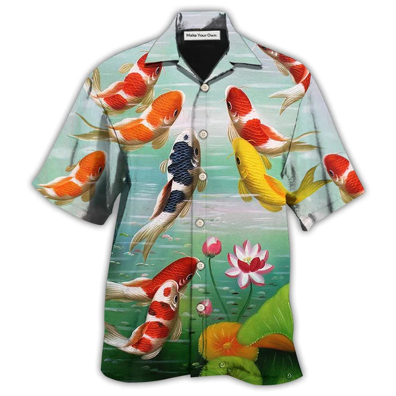 Fish Koi Beautiful Hawaiian Shirt Pattern Detail For Vacation Travel And Daily Wear