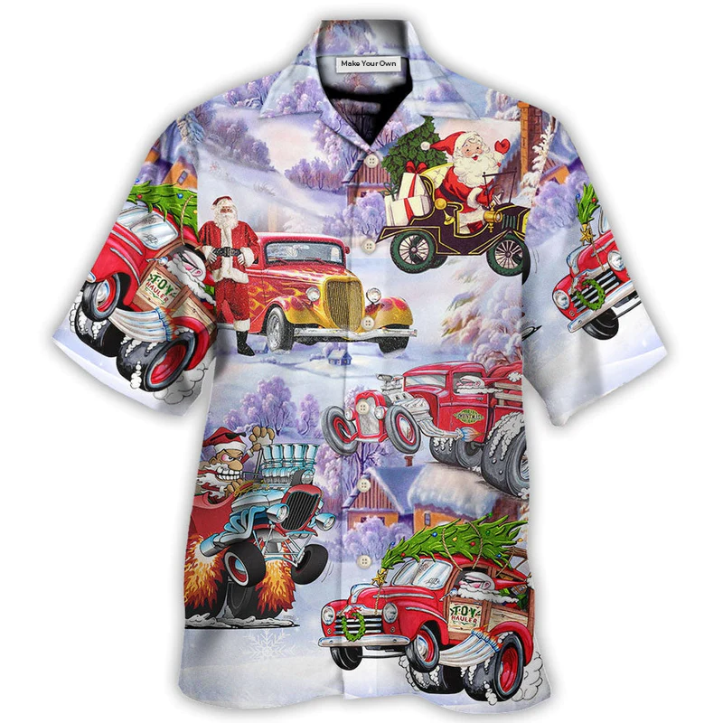 Festive Santa Hot Rod Christmas Tree Hawaiian Shirt Front Pattern View For Weekend Trips