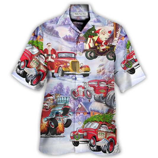 Festive Santa Hot Rod Christmas Tree Hawaiian Shirt Front Pattern View For Weekend Trips