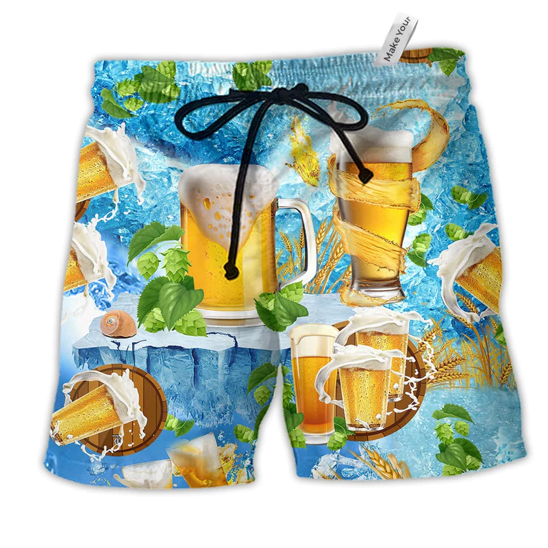 Beer Make Everyone Happy Hawaiian Print Beach Shorts For Food And Drink Fans