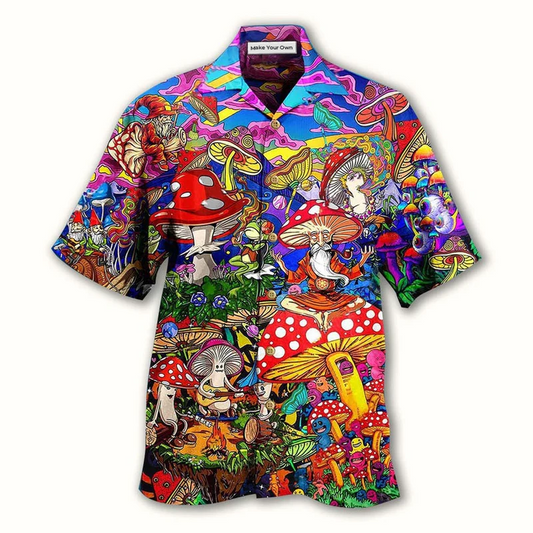 Bohemian Happy Mushroom Together Hawaiian Shirt Pattern Detail For Vacation Travel And Daily Wear