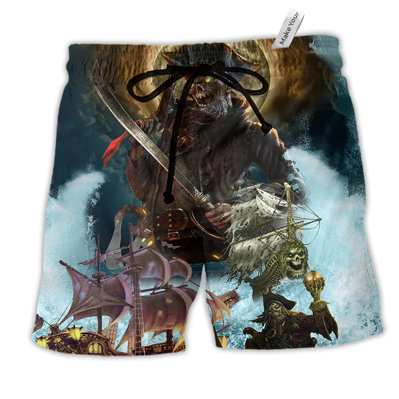 Skull Pirates Love Ocean Hawaiian Print Beach Shorts For Seaside Summer Adventures