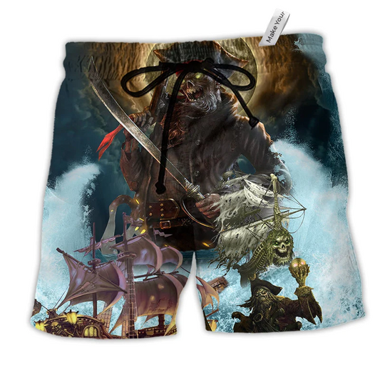 Skull Pirates Love Ocean Hawaiian Print Beach Shorts For Seaside Summer Adventures