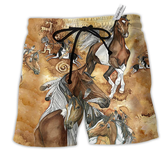 Native American Horse Traditional Hawaiian Print Beach Shorts For Coastal Travel And Celebrations