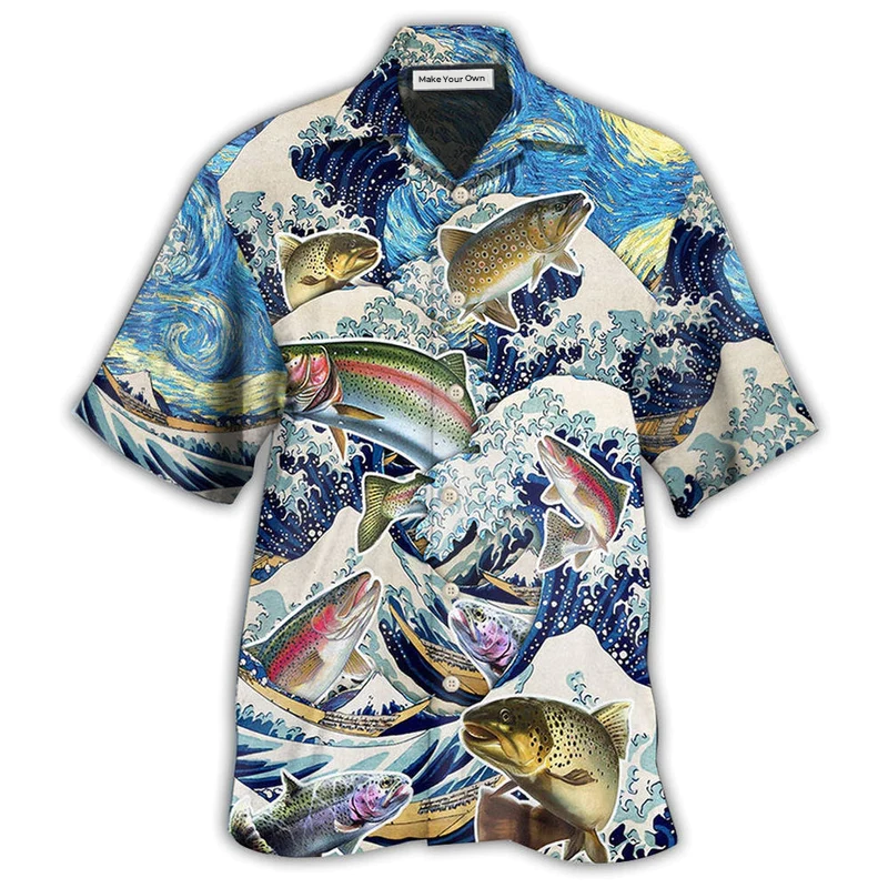 Fishing Trout Big Waves Hawaiian Shirt Artwork Detail For Resort Trips And Outdoor Activities