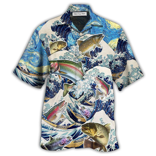 Fishing Trout Big Waves Hawaiian Shirt Artwork Detail For Resort Trips And Outdoor Activities