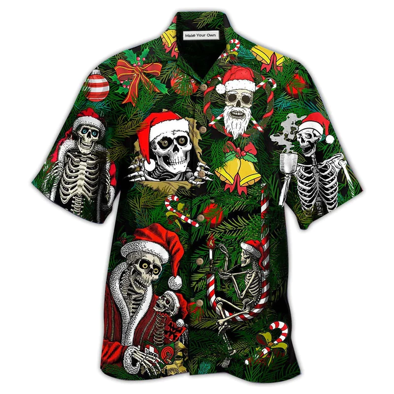 Festive Happy Skull Christmas Hawaiian Shirt For Summer Events And Casual Outdoor Wear