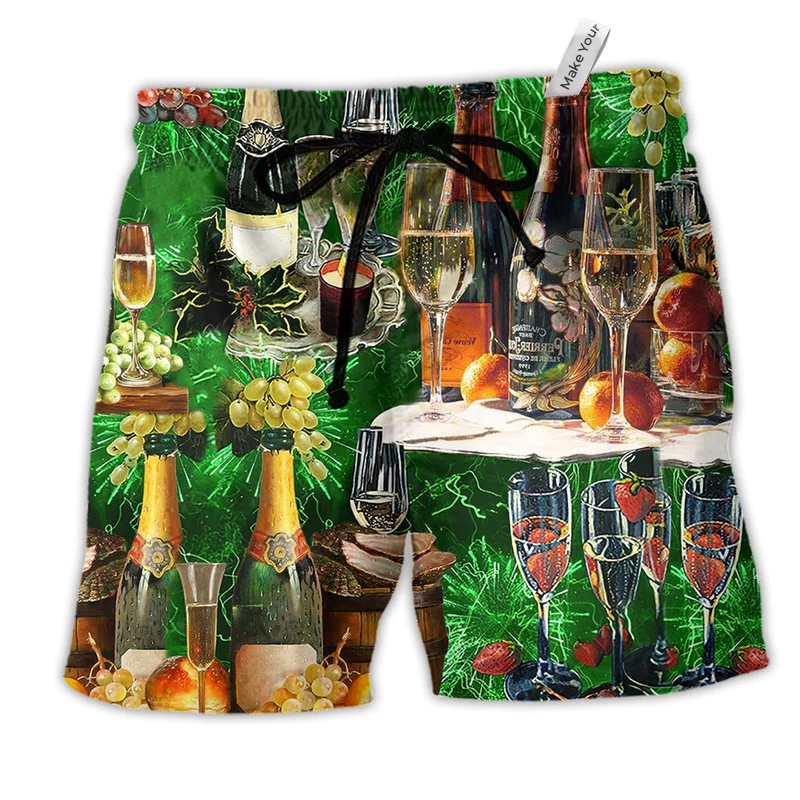 Wine Lover Green Colors Hawaiian Print Beach Shorts For Food And Drink Fans
