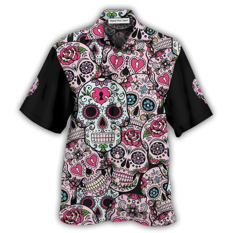 Pink Sugar Skull Hawaiian Shirt For Beach Vacations Casual Parties And Warm Weather Style