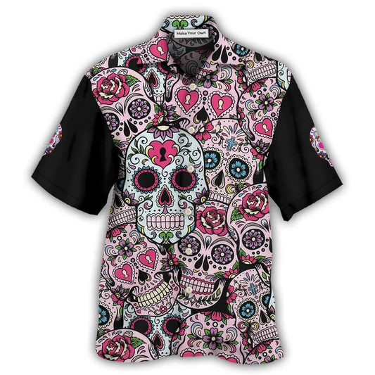 Pink Sugar Skull Hawaiian Shirt For Beach Vacations Casual Parties And Warm Weather Style