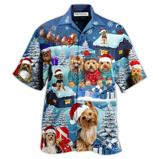 Yorkshire Terrier Snow Christmas Hawaiian Shirt Design Detail For Beach Days And Holiday Travel