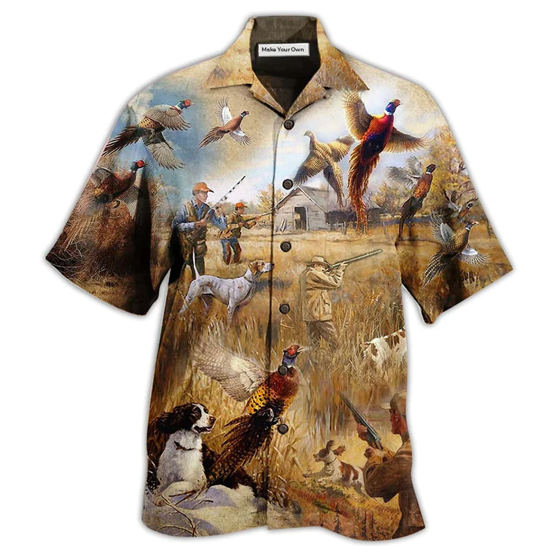 Hunting Pheasant Excited Hawaiian Shirt Pattern Detail For Vacation Travel And Daily Wear