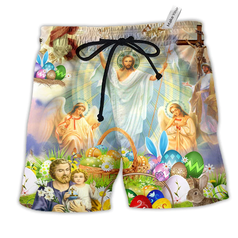 Jesus Happy Easter Color Hawaiian Print Beach Shorts For Reflective Outdoor Style