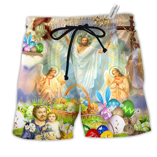Jesus Happy Easter Color Hawaiian Print Beach Shorts For Reflective Outdoor Style