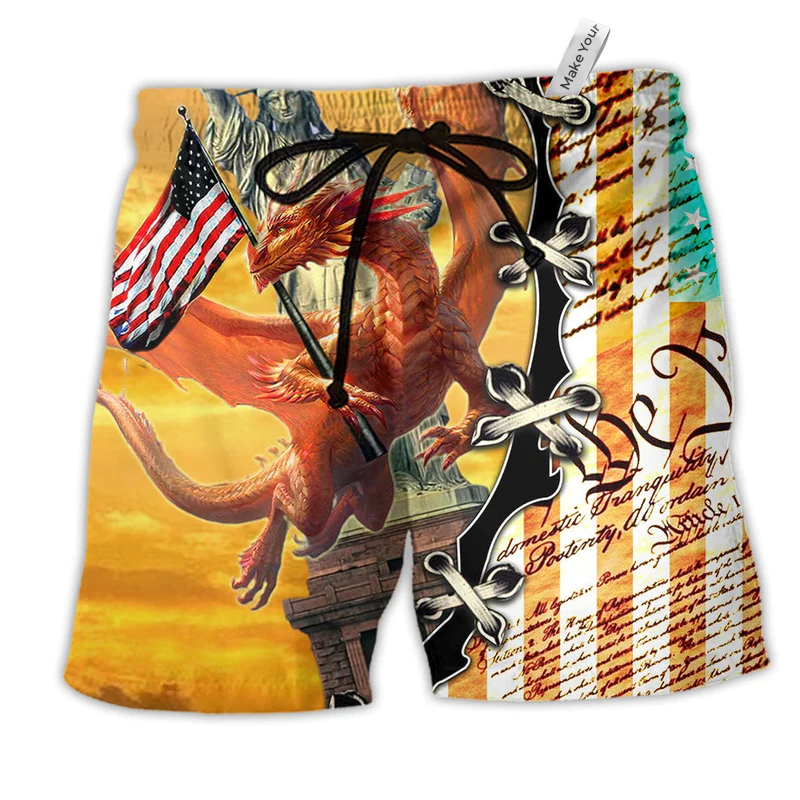 Dragon American Love Flag Hawaiian Print Beach Shorts For Independence Day Vacation Wear