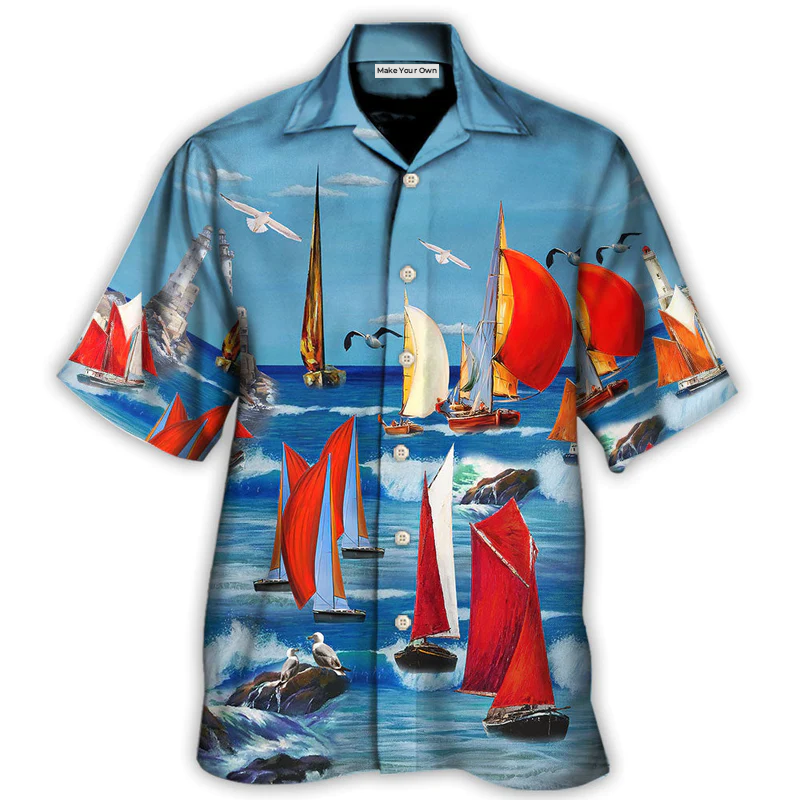 Colorful Blue Yacht Hawaiian Shirt For Tropical Getaways Outdoor Fun And Everyday Wear