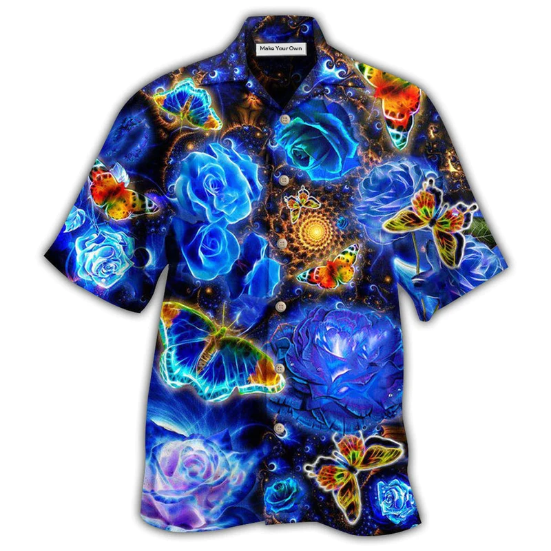 Floral Rose Butterfly Hawaiian Shirt For Summer Vacation Beach Travel And Casual Wear