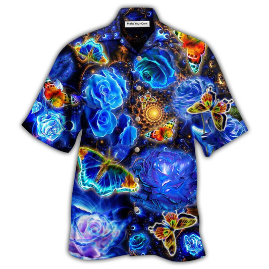 Floral Rose Butterfly Hawaiian Shirt For Summer Vacation Beach Travel And Casual Wear