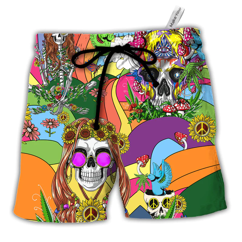 Hippie Peace Colorful Skull Beach Shorts For Weekend Travel And Leisure And Relaxation