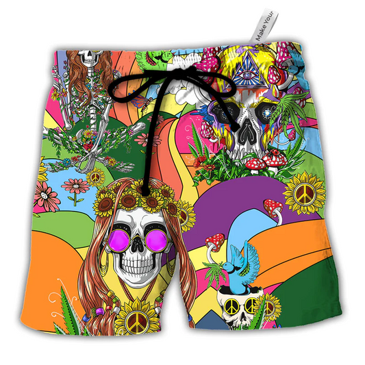 Hippie Peace Colorful Skull Beach Shorts For Weekend Travel And Leisure And Relaxation