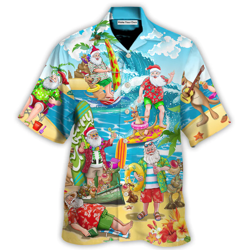 Summer Christmas July Santa Surfing Beach Hawaiian Shirt Front Pattern View For Warm Weather Events