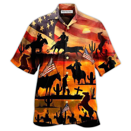 Cowboy American Sunset Hawaiian Shirt Artwork Detail For Resort Trips And Outdoor Activities