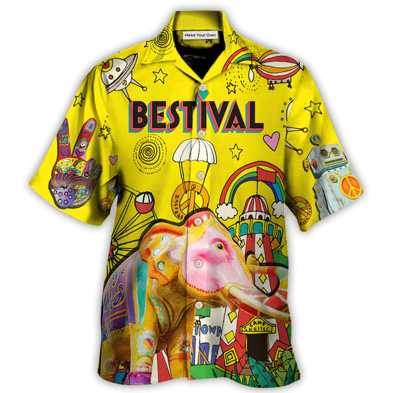 Colorful Music Festival Hawaiian Shirt Graphic Artwork Detail For Summer Travel