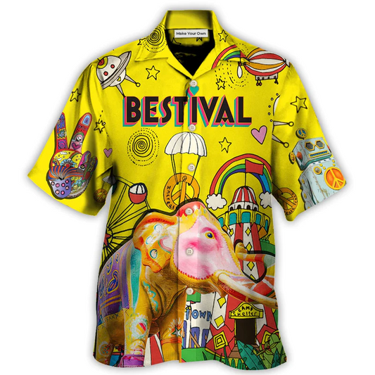 Colorful Music Festival Hawaiian Shirt Graphic Artwork Detail For Summer Travel