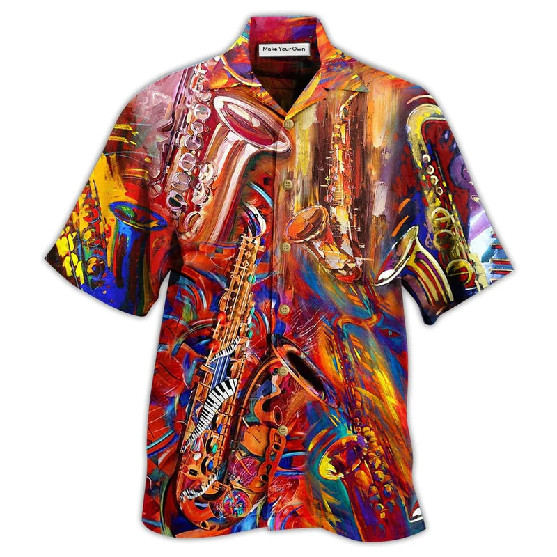 Saxophone Music Hawaiian Shirt Pattern View For Relaxed Warm Weather Outfits