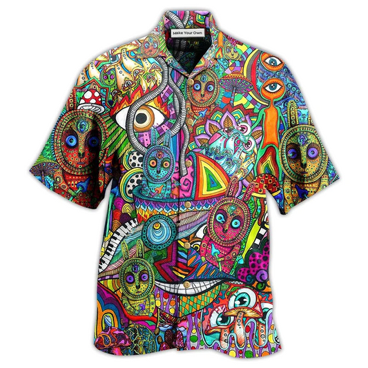 Bohemian Mushroom Peace Hawaiian Shirt Pattern View For Relaxed Warm Weather Outfits