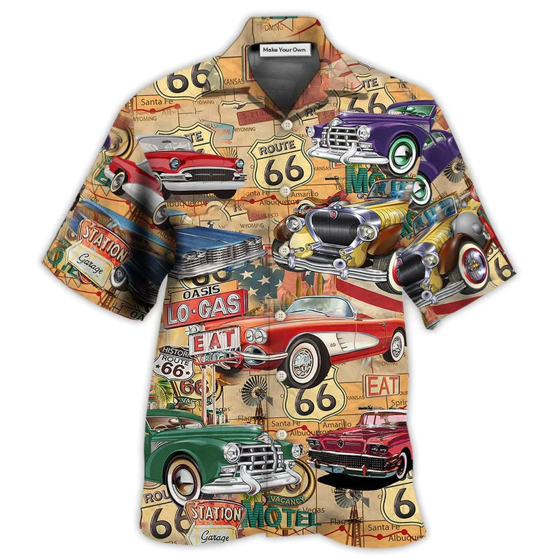 Vintage Historic Highway Car Hawaiian Shirt For Summer Events Coastal Travel And Comfortable Styling