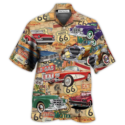 Vintage Historic Highway Car Hawaiian Shirt For Summer Events Coastal Travel And Comfortable Styling